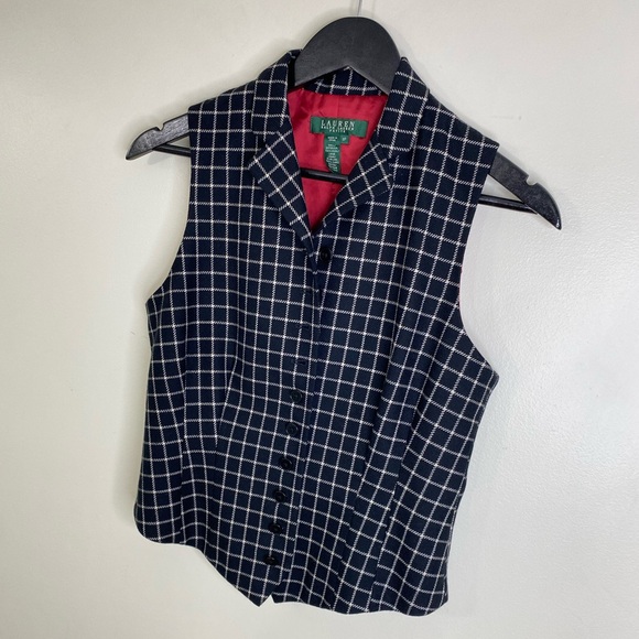 LAUREN RALPH LAUREN GREEN LABEL 100% WOOL VEST IN BLACK & WHITE GRID LINES - Picture 5 of 11